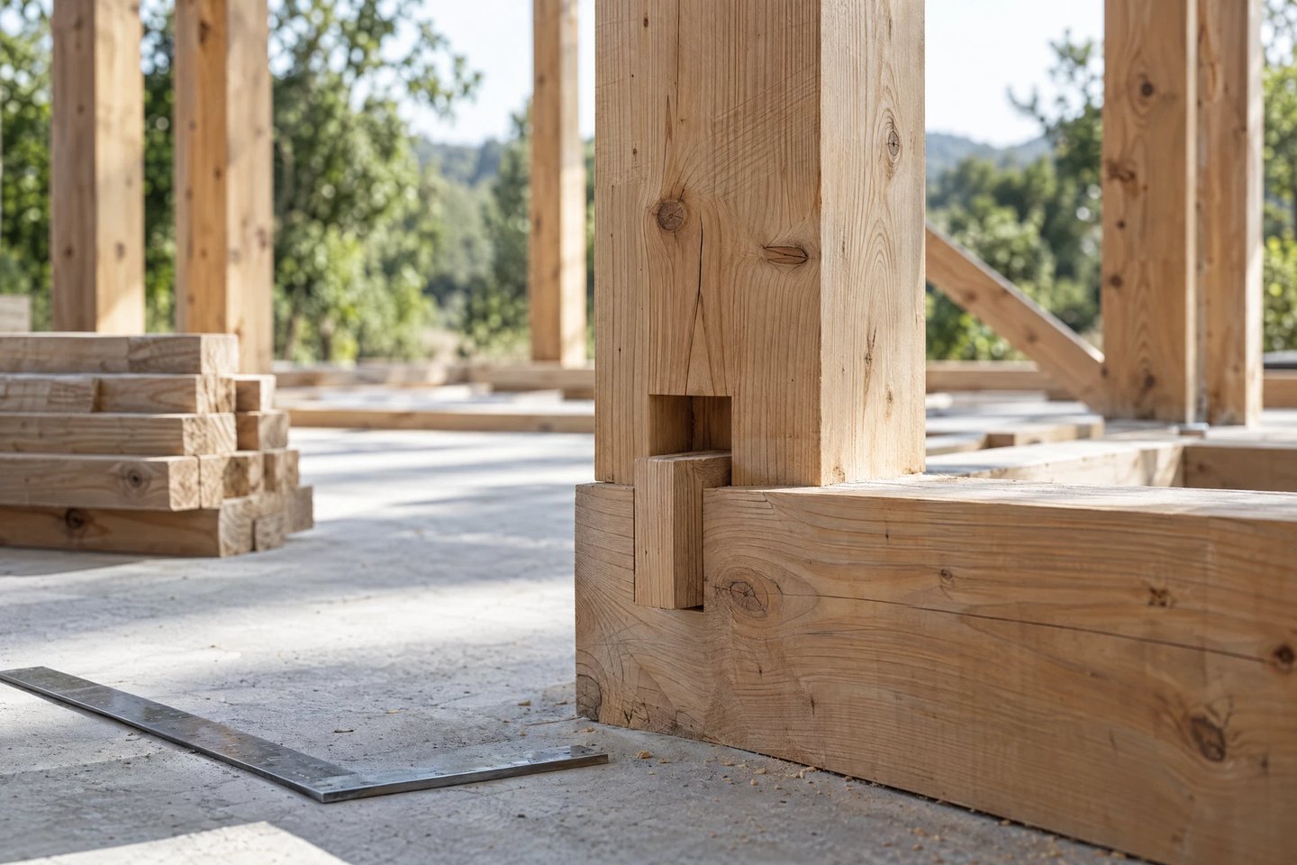 Illustrative close-up of a timber connection and a framing square