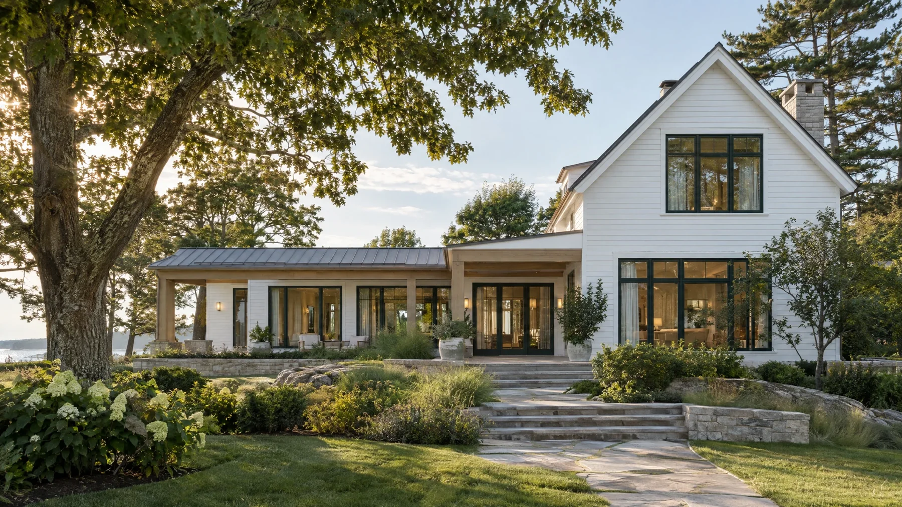 Illustrative contemporary house with white siding, natural timber details and a landscaped garden