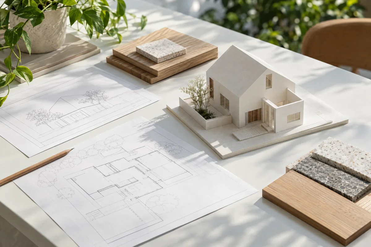 Illustrative white architectural model with geometric drawings and material samples on a sunlit worktable