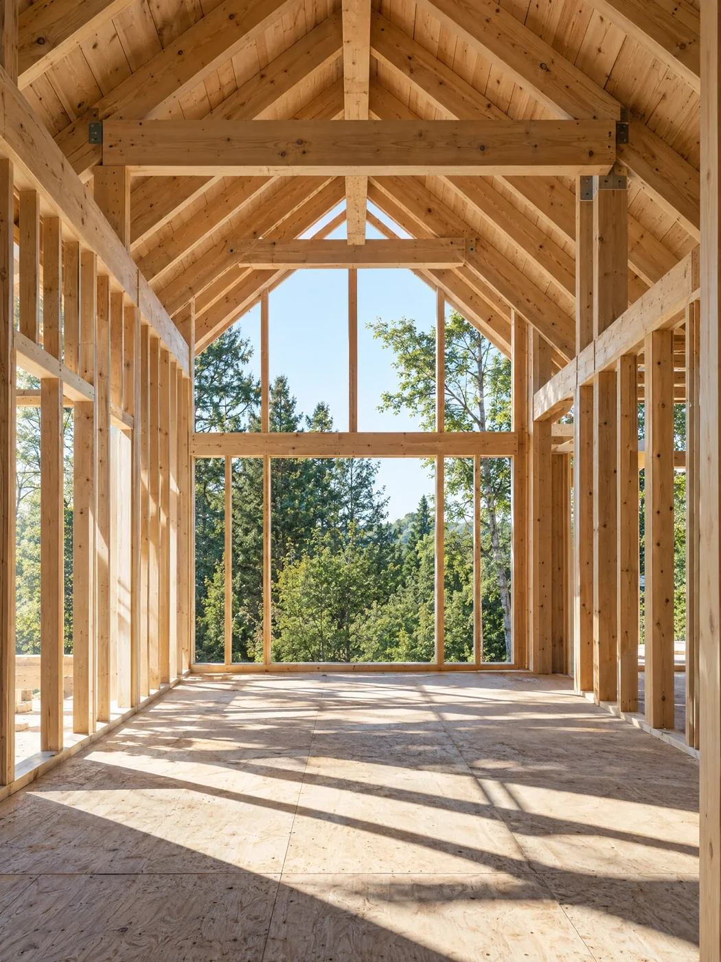 Illustrative timber-framed interior with natural sunlight and a view of trees