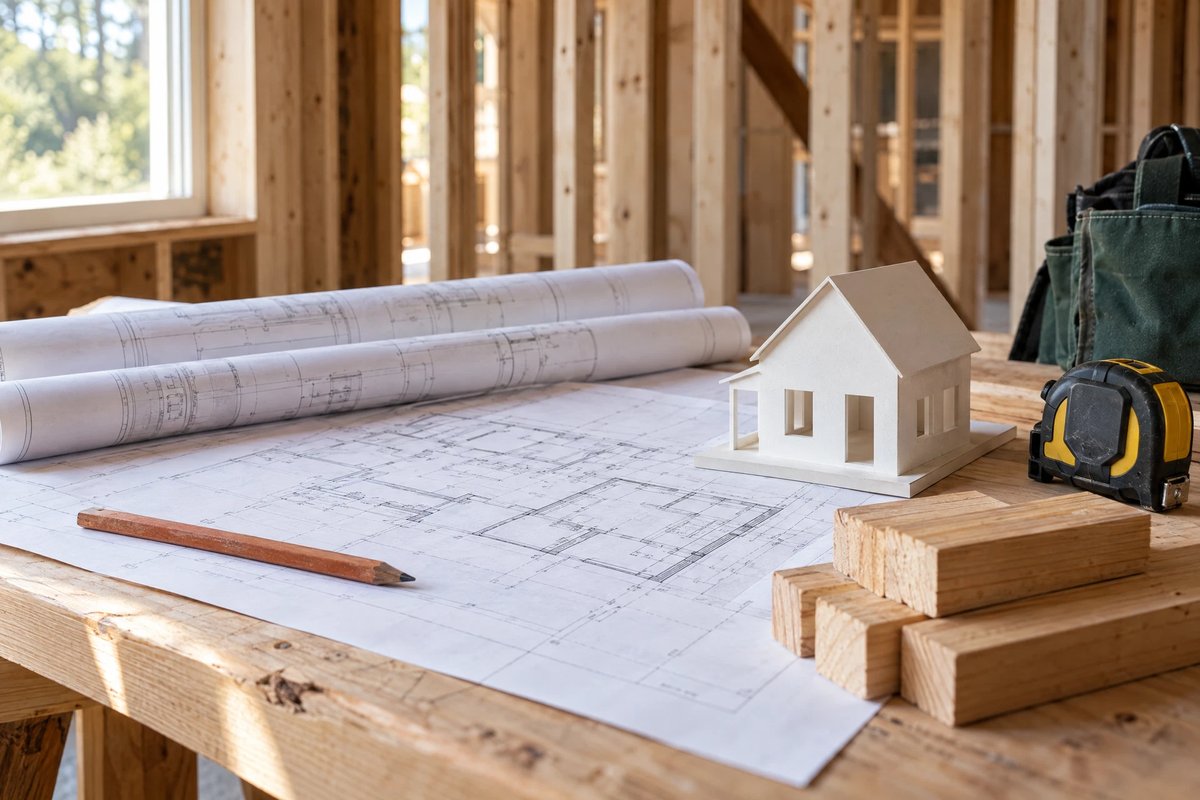Illustrative construction planning workbench with drawings, a pencil and timber samples